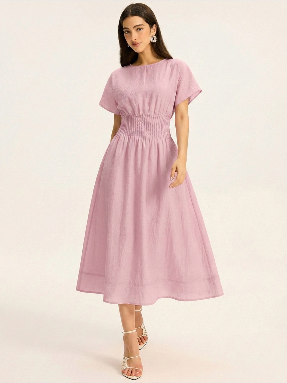 Commense Pink Smocked-Waist Midi Dress